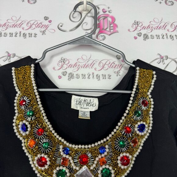 Bob Mackie blouses body suit embroidered jewels diamonds neckline stretchy - Picture 6 of 8